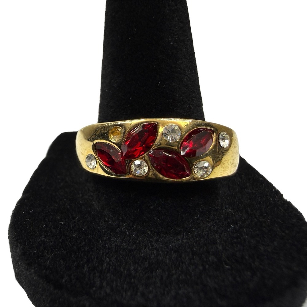 SETA Gold Tone Red Marquise & Clear Rhinestone Fashion Ring Jewelry Size 9.5